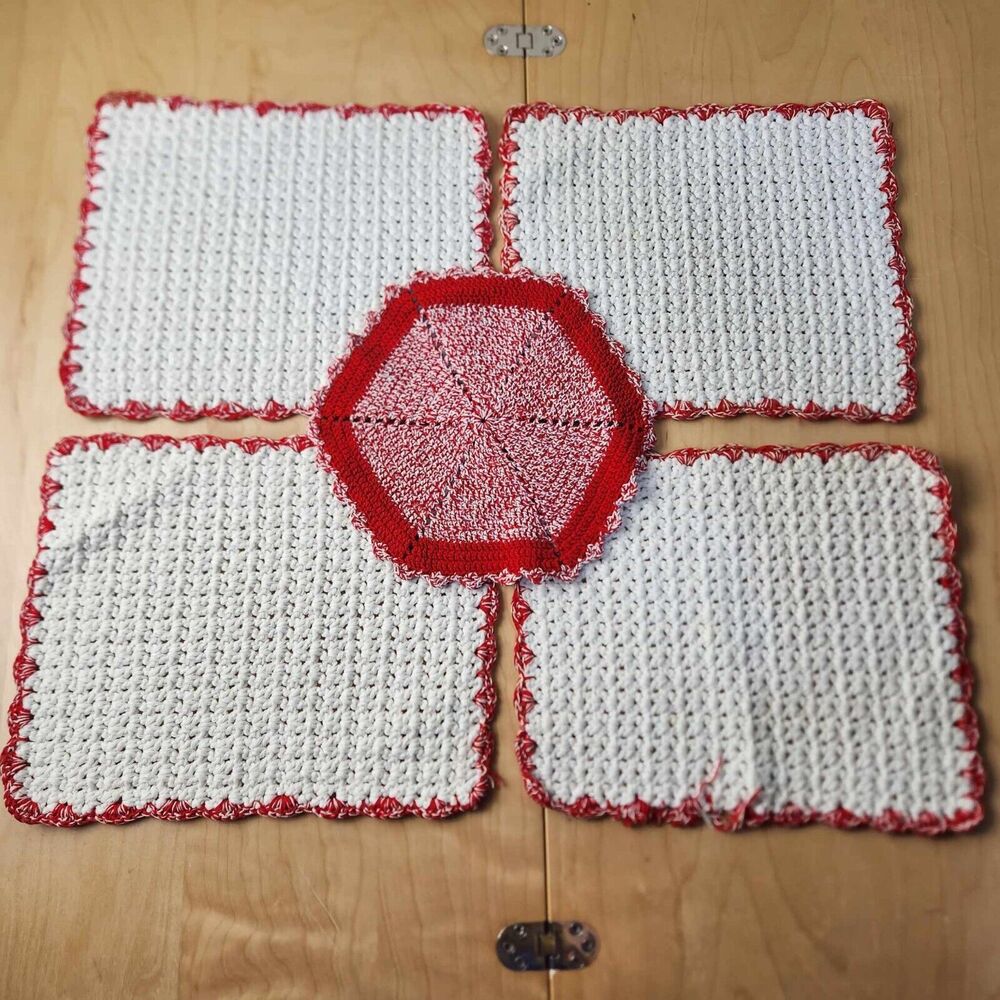 Set of Hand Crocheted Cotton Placemats & Hot Pad Red Cream Cottage Granny Core